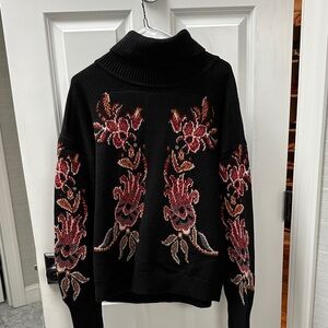 Sundance Black Floral Turtleneck Sweater